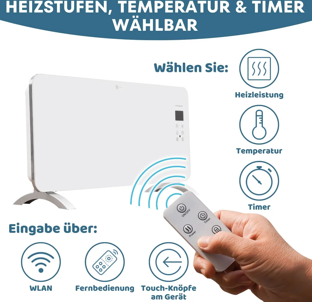 STAHLMANN Glaskonvektor Weiß ZG 2000Watt - Wifi App Steuerung, Elektroheizung Energiesparend Bis 40qm Fläche, Schnelle Erwärmung, Thermostat, Leise, Konvektor Heizung Elektrisch, Heizgerät 5 STAHLMANN Glaskonvektor Weiß ZG 2000Watt - Wifi App Steuerung, Elektroheizung Energiesparend Bis 40qm Fläche, Schnelle Erwärmung, Thermostat, Leise, Konvektor Heizung Elektrisch, Heizgerät – Bild 3