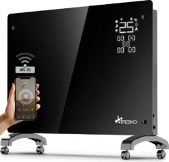 TRESKO® Elektroheizung Schwarz 2000W Inkl. WiFi & APP Glaskonvektor Konvektor Wand Heizung Glas Heizkörper Bad