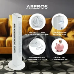AREBOS Turmventilator, 50 Watt, 60°-Oszillation, 3 Geschwindigkeitsstufen, Ventilator Mit Tragegriff, Weiß, Leise -Kaufland Verkäufe f798fb1dc5c7772a3391cf4d8c2647be