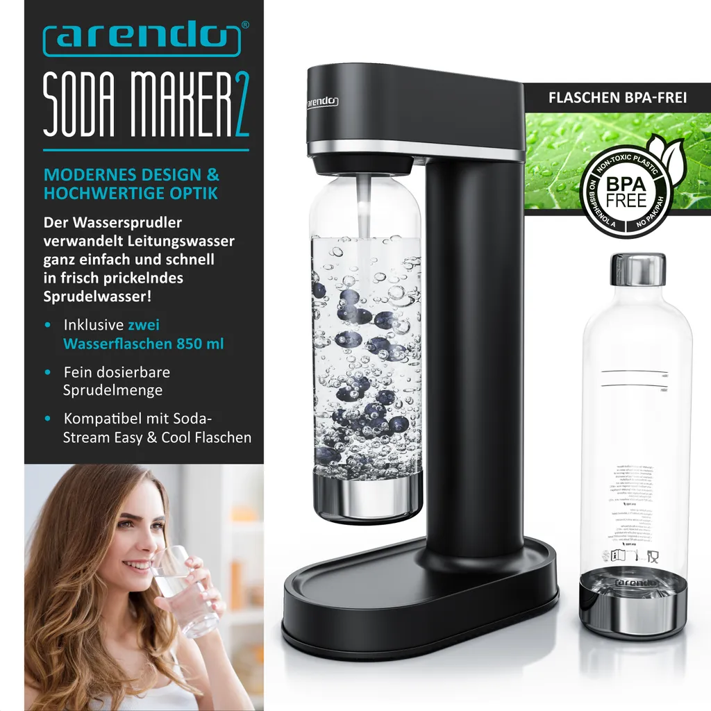 Arendo Wassersprudler 850 Ml – Inkl. 2 850 Ml Wasserflaschen - Carbonator - Fein Dosierbar – Kompatibel Mit 60 L CO2 Zylindern 4 Arendo Wassersprudler 850 Ml – Inkl. 2 850 Ml Wasserflaschen - Carbonator - Fein Dosierbar – Kompatibel Mit 60 L CO2 Zylindern – Bild 2