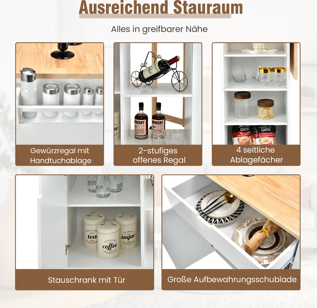 COSTWAY Küchenwagen Mit Ausziehbarer Arbeitsfläche, Servierwagen Auf Rollen, Kücheninselwagen Holz, Küchenschrank Mit Ablagen & Schublade & Gewürzregal, Küchentrolley Für Küche Esszimmer (Weiß) 5 COSTWAY Küchenwagen Mit Ausziehbarer Arbeitsfläche, Servierwagen Auf Rollen, Kücheninselwagen Holz, Küchenschrank Mit Ablagen & Schublade & Gewürzregal, Küchentrolley Für Küche Esszimmer (Weiß) – Bild 3