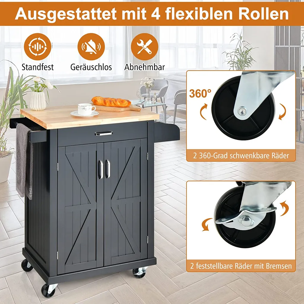 COSTWAY Küchenwagen Auf Rollen, Servierwagen Mit Arbeitsplatte & Handtuchhalter & Schublade & Gewürzregal, Kücheninsel Holz, Küchenschrank Rollbar, Für Küche, Esszimmer Und Bar (Schwarz) 8 COSTWAY Küchenwagen Auf Rollen, Servierwagen Mit Arbeitsplatte & Handtuchhalter & Schublade & Gewürzregal, Kücheninsel Holz, Küchenschrank Rollbar, Für Küche, Esszimmer Und Bar (Schwarz) – Bild 6