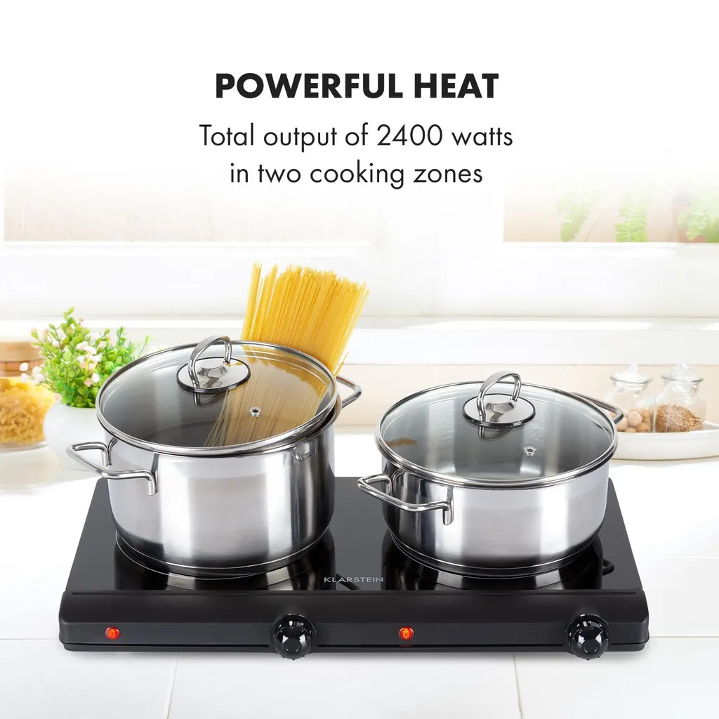 Klarstein Cookbuddy Doppelkochfeld, 2400W, Infrarot, Glaskeramik, Mobile Kochplatte, 2 X 18 Cm (Ø) Kochzone, 5 Temperaturstufen, Überhitzungsschutz, Elektrisch, Camping-Kochfeld, Edelstahl, Schwarz 5 Klarstein Cookbuddy Doppelkochfeld, 2400W, Infrarot, Glaskeramik, Mobile Kochplatte, 2 X 18 Cm (Ø) Kochzone, 5 Temperaturstufen, Überhitzungsschutz, Elektrisch, Camping-Kochfeld, Edelstahl, Schwarz – Bild 3