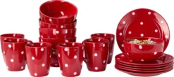 Emily 18tlg Frühstücksset 6 Personen Rot Weiße Punkte Teller Kaffeebecher Schalen Geschirrset