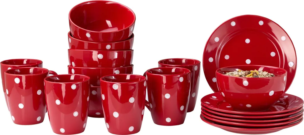 Emily 18tlg Frühstücksset 6 Personen Rot Weiße Punkte Teller Kaffeebecher Schalen Geschirrset 3 Emily 18tlg Frühstücksset 6 Personen Rot Weiße Punkte Teller Kaffeebecher Schalen Geschirrset