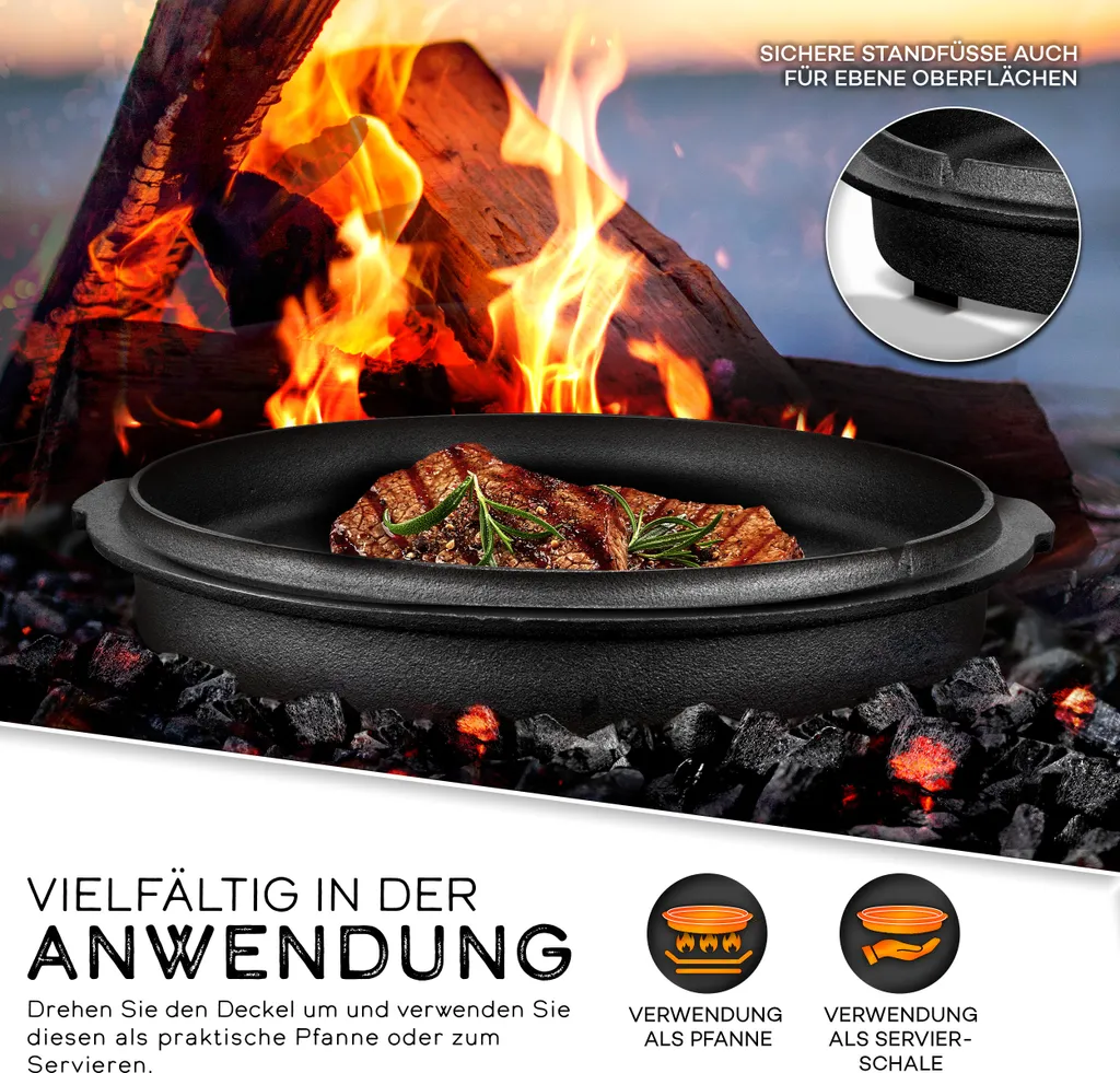 Grillas® Dutch Oven Set 7,3 Liter / Topf Ohne Füße Deckelheber BBQ Gusseisen Feuertopf Gusstopf Schmortopf 5 Grillas® Dutch Oven Set 7,3 Liter / Topf Ohne Füße Deckelheber BBQ Gusseisen Feuertopf Gusstopf Schmortopf – Bild 3